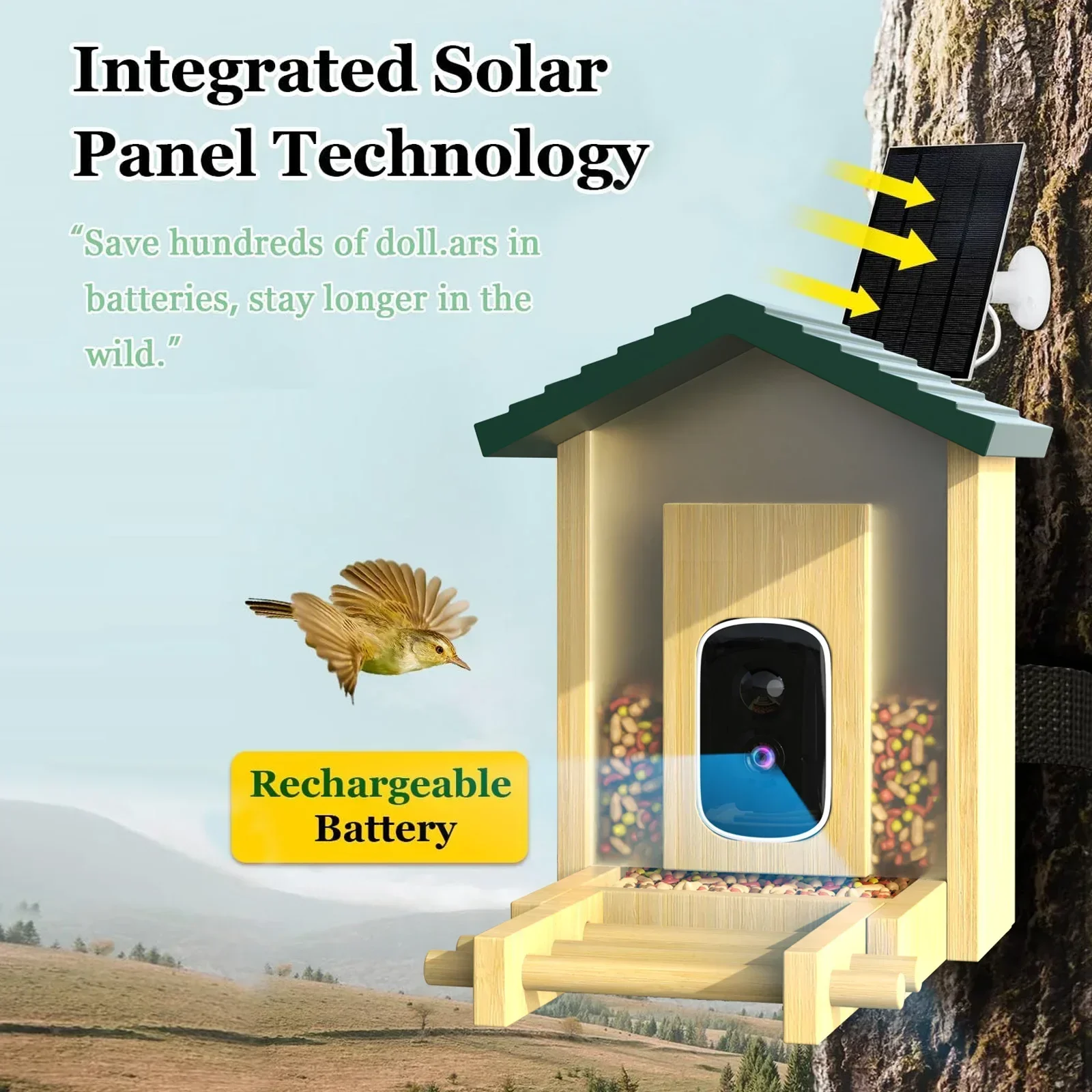 In stock Bamboo with Solar Pow - مراجعة Smart Bird Feeder Camera وسعره